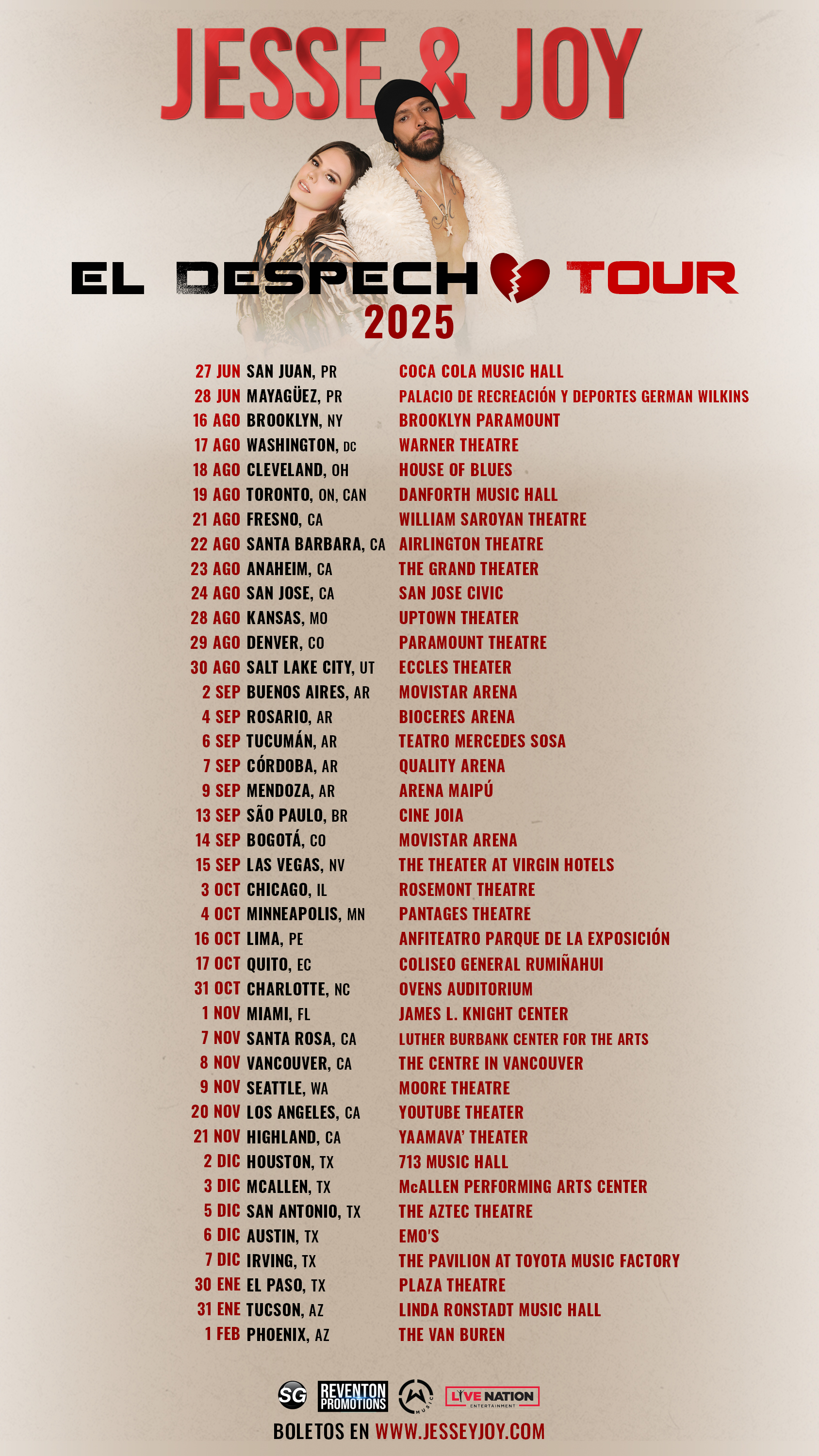fechas tour Despecho 2025 de jesse & joy. USA TOUR 2025