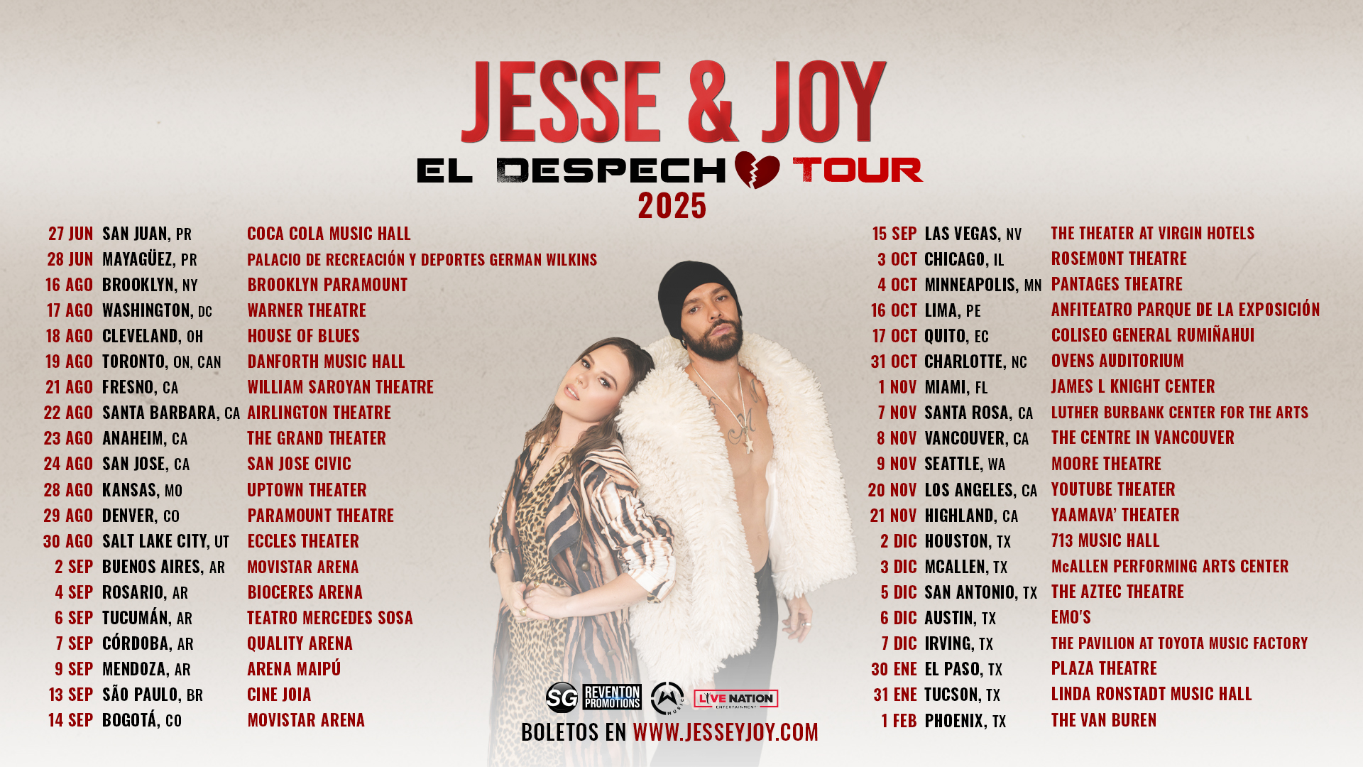 fechas tour Despecho 2025 de jesse & joy. USA TOUR 2025