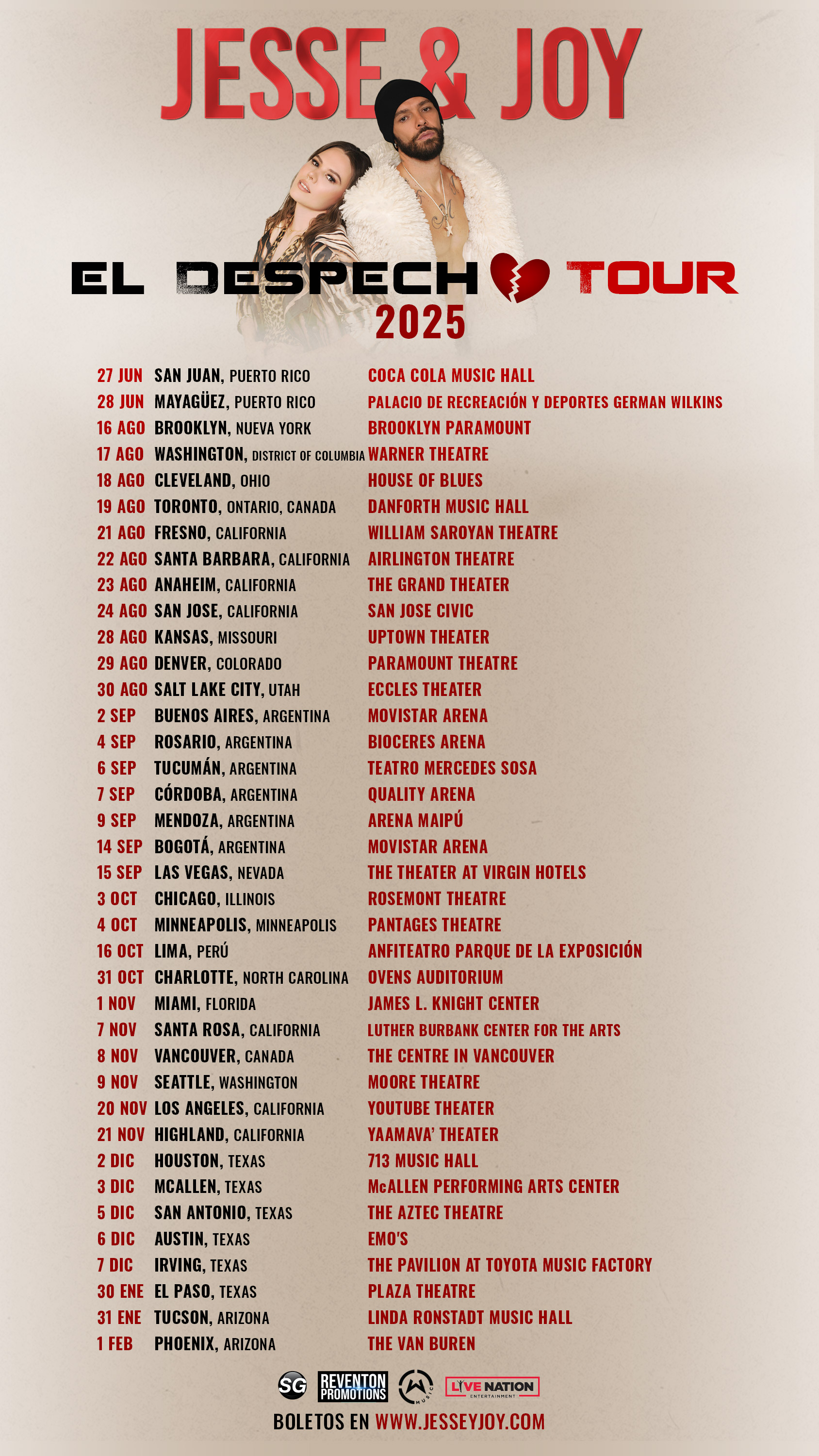 fechas tour Despecho 2025 de jesse & joy. USA TOUR 2025
