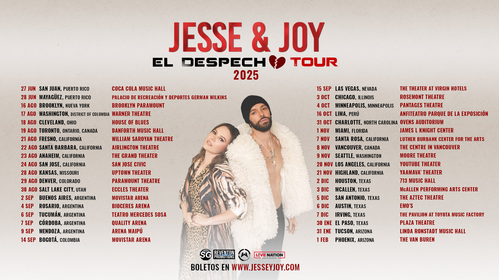 fechas tour Despecho 2025 de jesse & joy. USA TOUR 2025