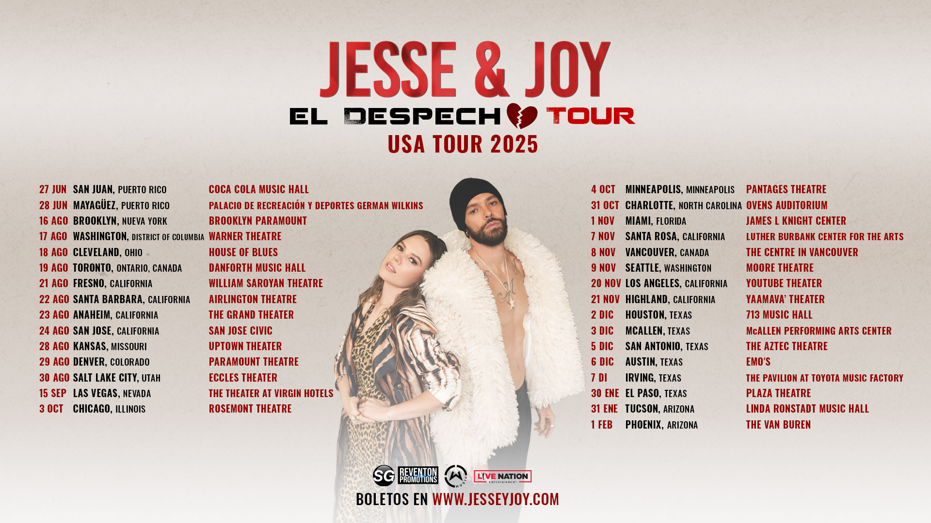 fechas tour Despecho 2025 de jesse & joy. USA TOUR 2025
