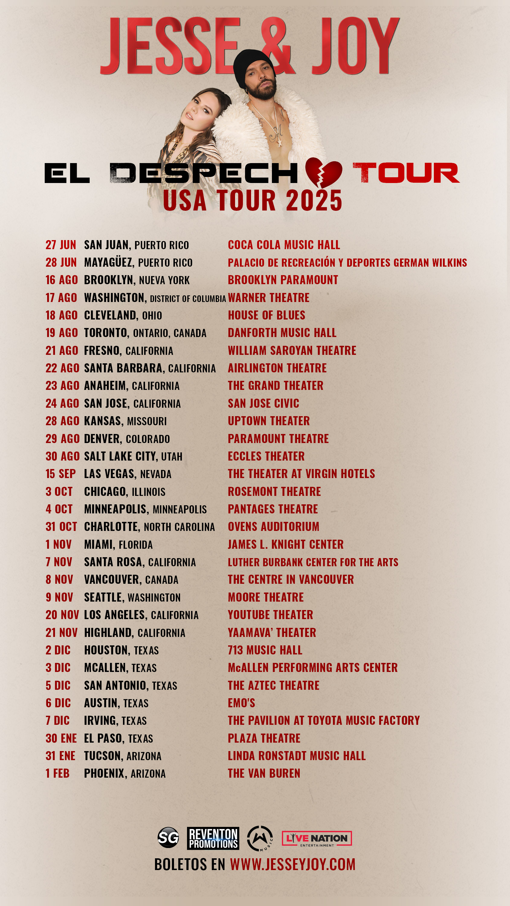 fechas tour Despecho 2025 de jesse & joy. USA TOUR 2025