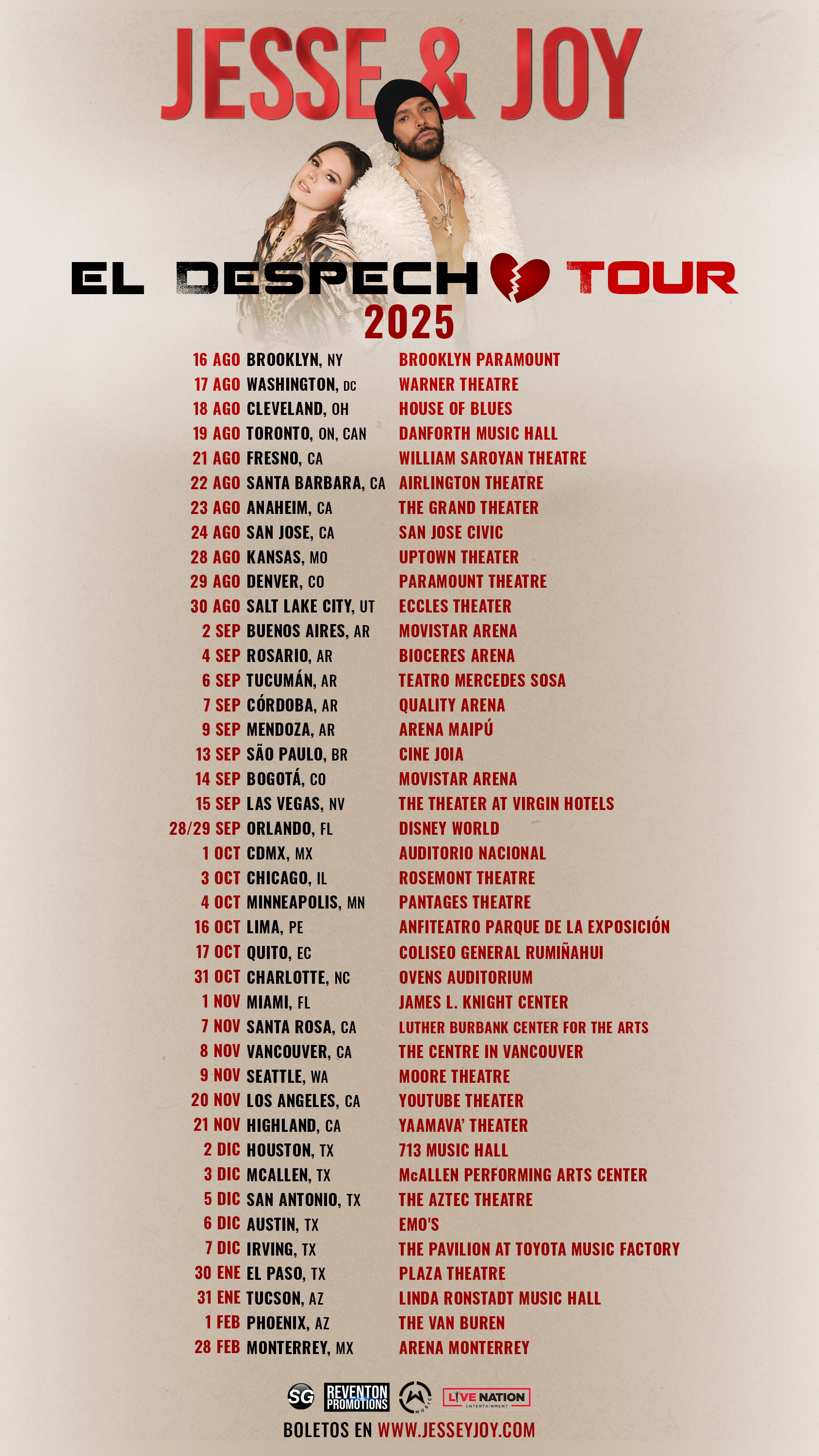 fechas tour Despecho 2025 de jesse & joy. USA TOUR 2025